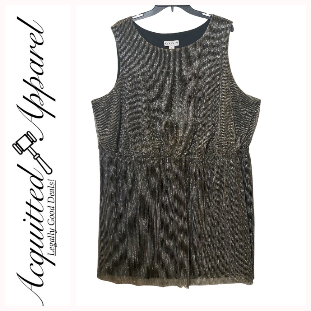 AVA & VIV Black Lined Sheer Body Silver Gold Metallic Threads Sleeveless Dress